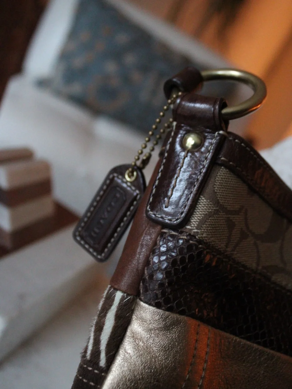 Coach Brown Patchwork Signature Canvas & Leather Shoulder Bag with Gold Hardware